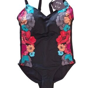 Ava & Viv Swimwear NWT size 16 Black Swim One-Piece Swimsuit Floral tropical NEW